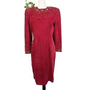 Pia Rucci Vintage Red Leather Dress size 12 Gold Studs 80's Dynasty Christmas